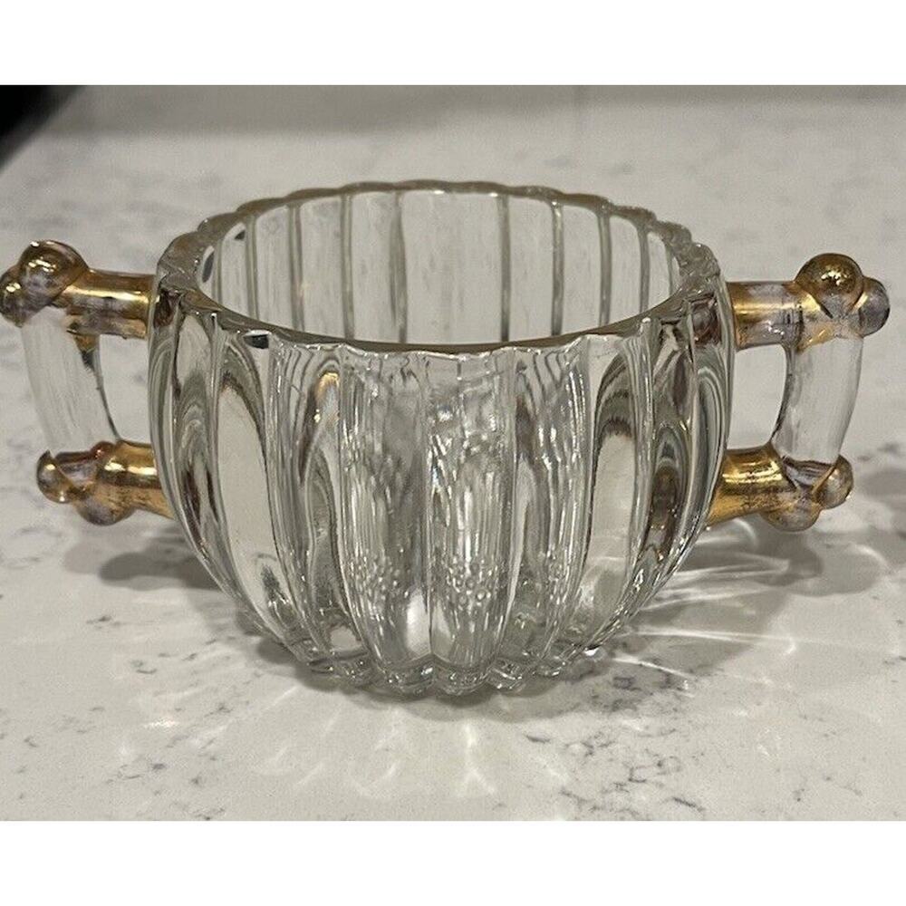 Vintage Jeanette Glass Double Handle (2) Sugar Set Gold Trim 1940s - Picture 3 of 7